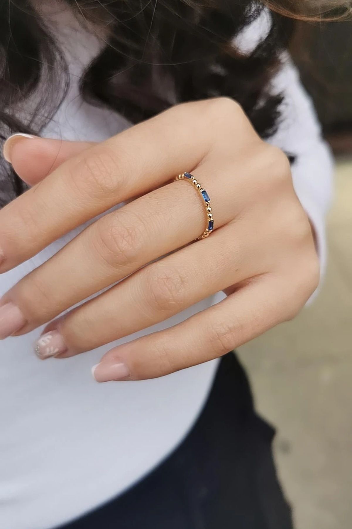 14 AYAR BAGET LACİVERT TAŞLI TOPTOP MİNİMAL YÜZÜK 14