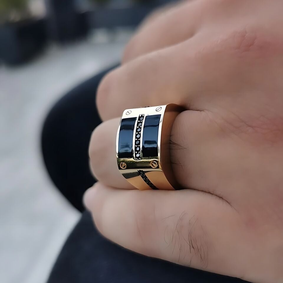 14 AYAR İTALYAN TASARIM SMOKY KOYU KAHVERENGİ TAŞLI ALTIN ERKEK YÜZÜK