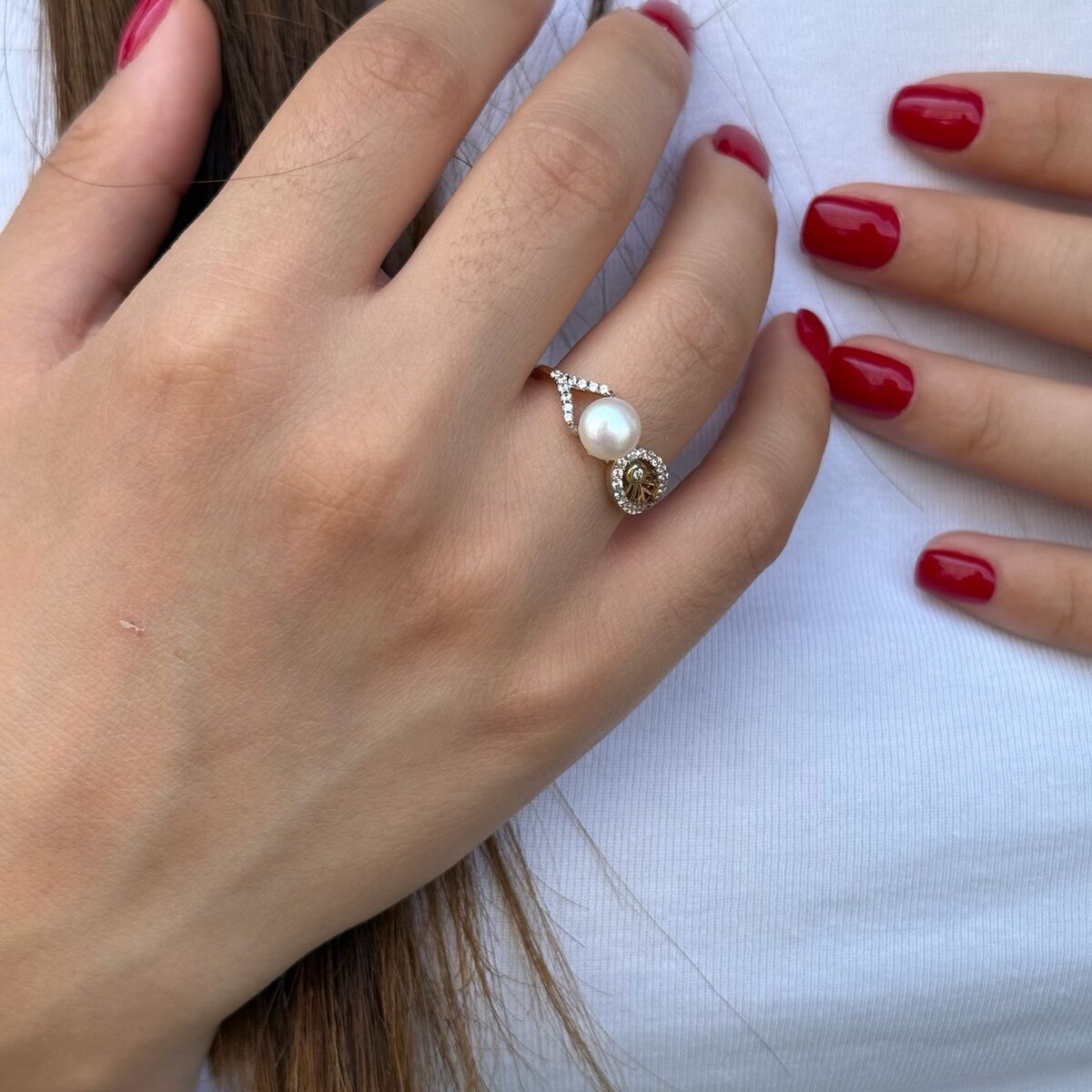 14 AYAR İNCİLİ ÖZEL TASARIM ALTIN YÜZÜK