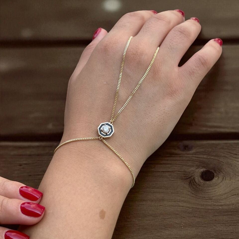 14 AYAR ORTASI SİYAH MİNELİ ALTIGEN MODEL İTALYAN ZİNCİRLİ ŞAHMERAN