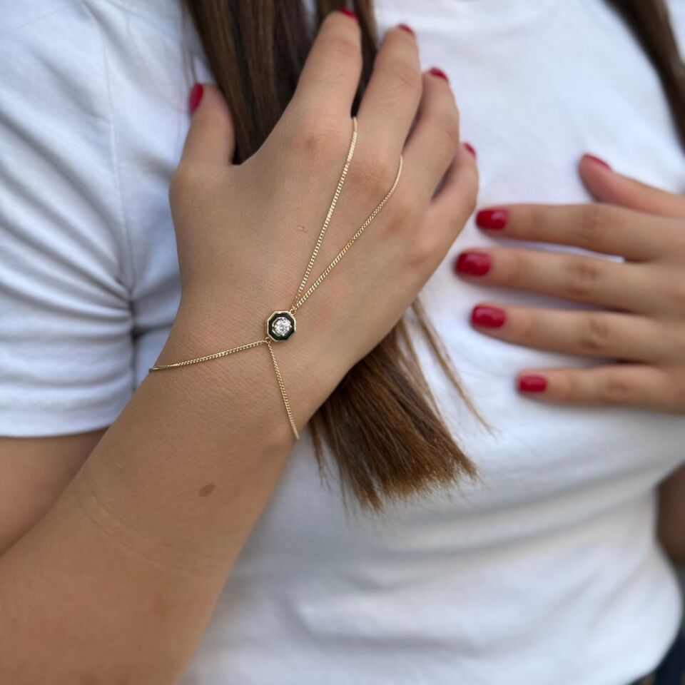 14 AYAR ORTASI SİYAH MİNELİ ALTIGEN MODEL İTALYAN ZİNCİRLİ ŞAHMERAN