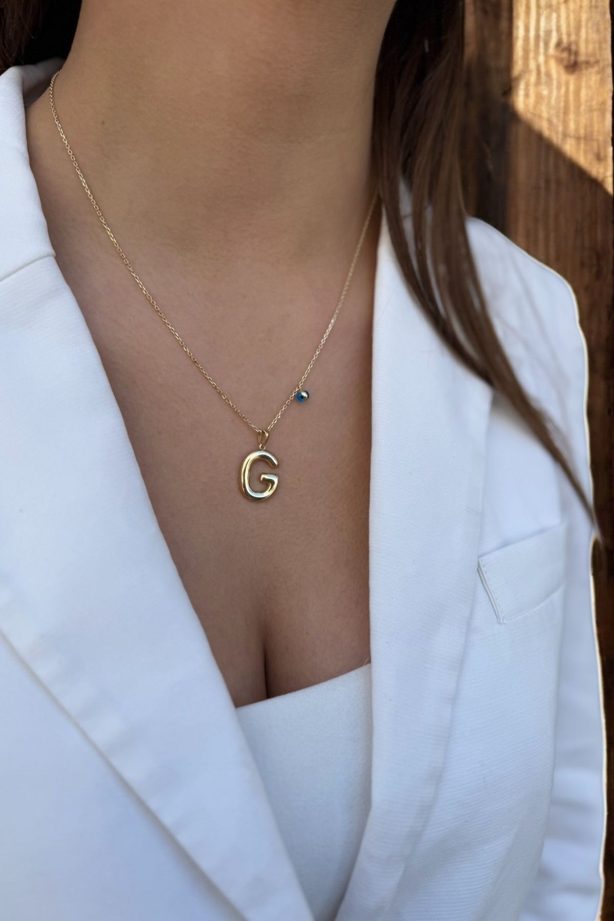 14 AYAR ÖZEL TASARIM NAZAR BONCUKLU G HARFİ ALTIN KOLYE