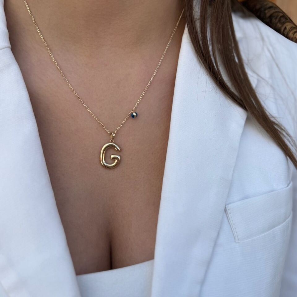 14 AYAR ÖZEL TASARIM NAZAR BONCUKLU G HARFİ ALTIN KOLYE