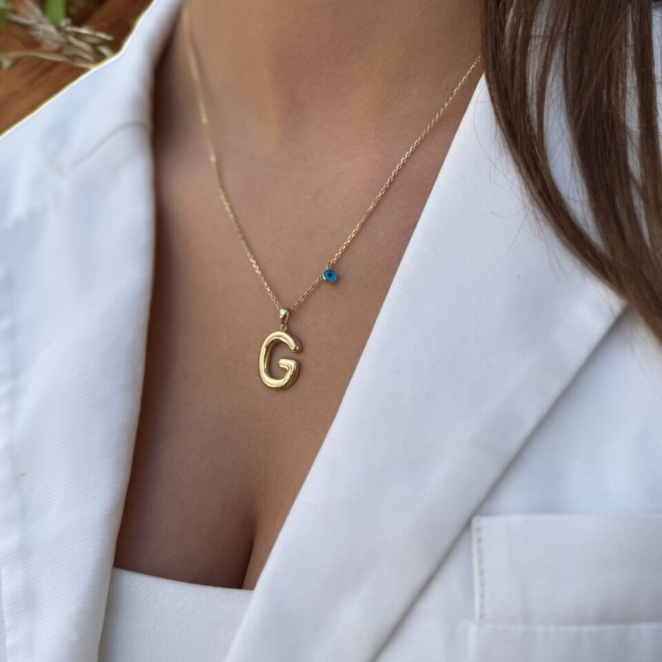 14 AYAR ÖZEL TASARIM NAZAR BONCUKLU G HARFİ ALTIN KOLYE