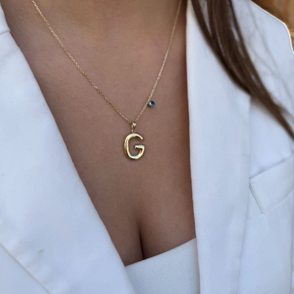 14 AYAR ÖZEL TASARIM NAZAR BONCUKLU G HARFİ ALTIN KOLYE