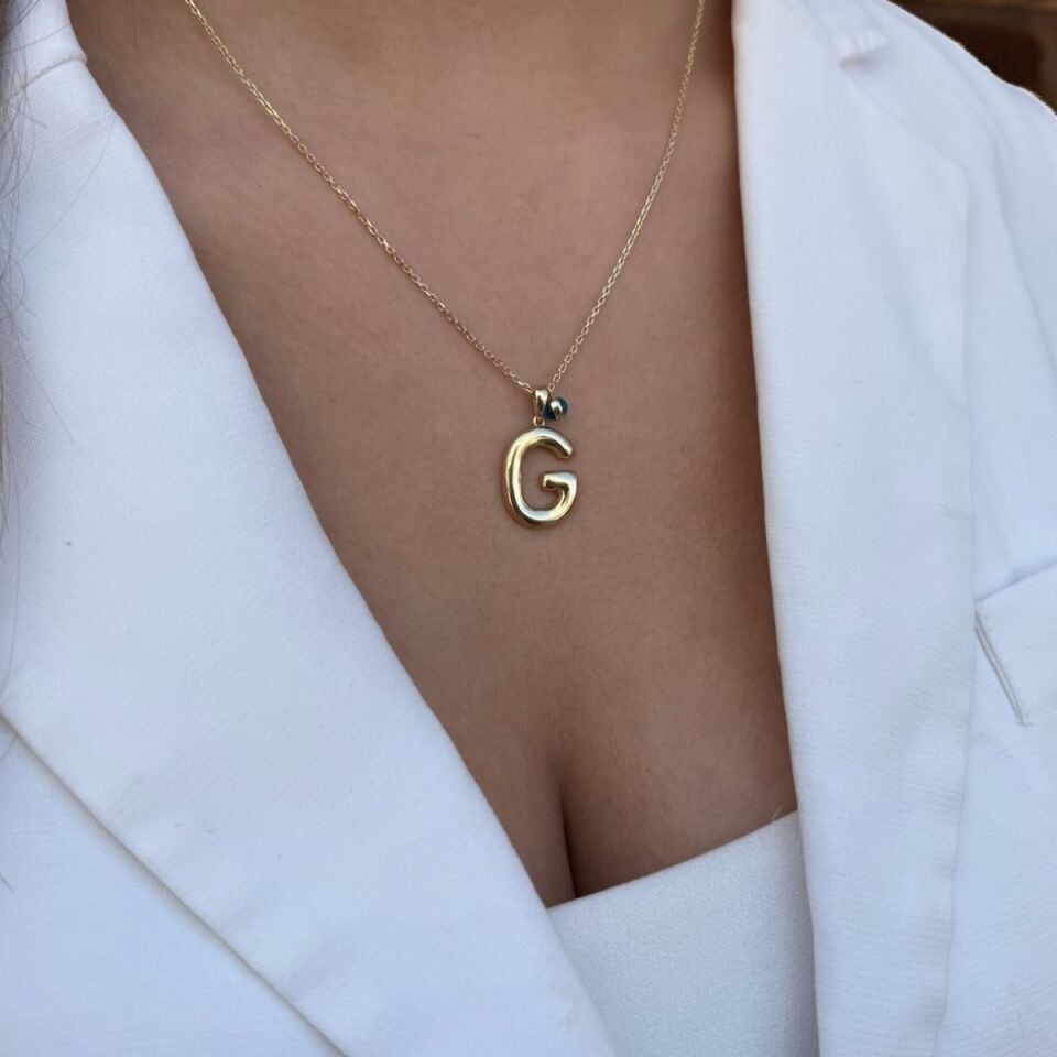 14 AYAR ÖZEL TASARIM NAZAR BONCUKLU G HARFİ ALTIN KOLYE