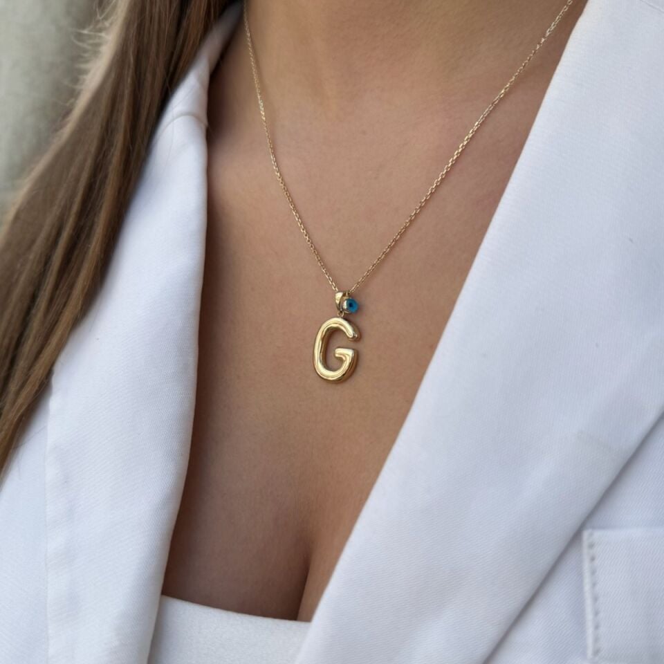 14 AYAR ÖZEL TASARIM NAZAR BONCUKLU G HARFİ ALTIN KOLYE