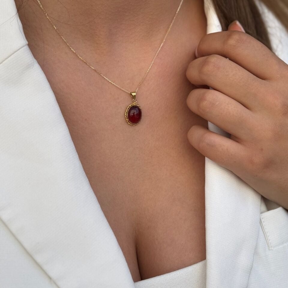 14 AYAR AKİK TAŞLI EL YAPIMI ALTIN KOLYE