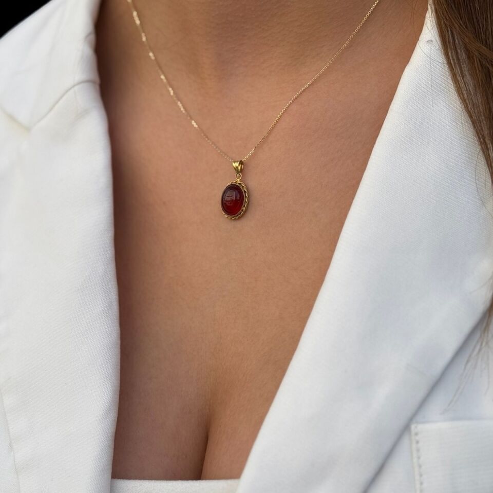 14 AYAR AKİK TAŞLI EL YAPIMI ALTIN KOLYE