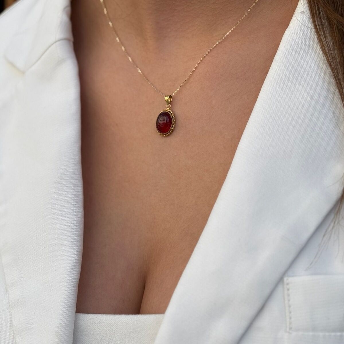 14 AYAR AKİK TAŞLI EL YAPIMI ALTIN KOLYE