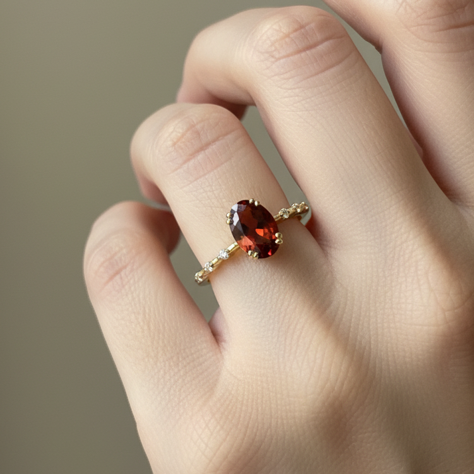 14 AYAR GARNET TAŞLI MİNİMAL VİNTAGE YÜZÜK