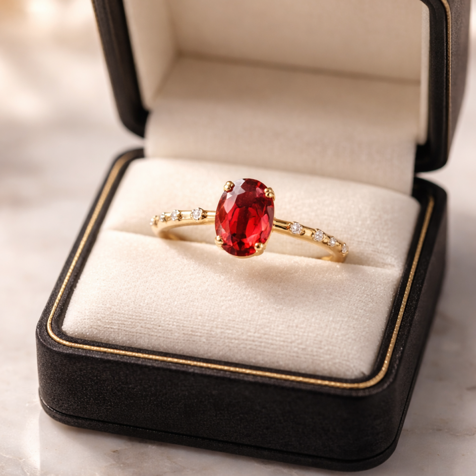 14 AYAR GARNET TAŞLI MİNİMAL VİNTAGE YÜZÜK