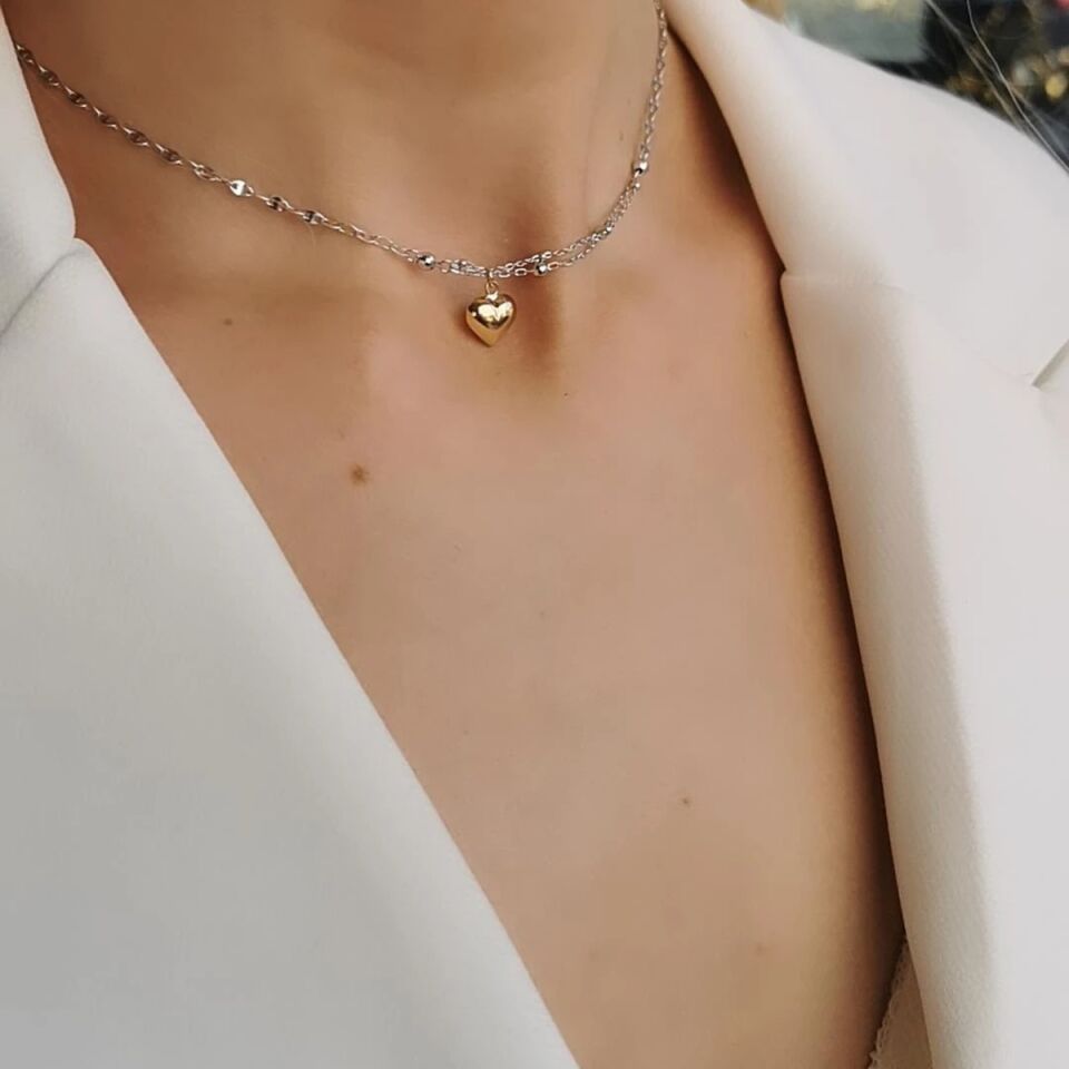 14 AYAR İTALYAN BEYAZ ALTIN ZİNCİRLİ KALP KOLYE