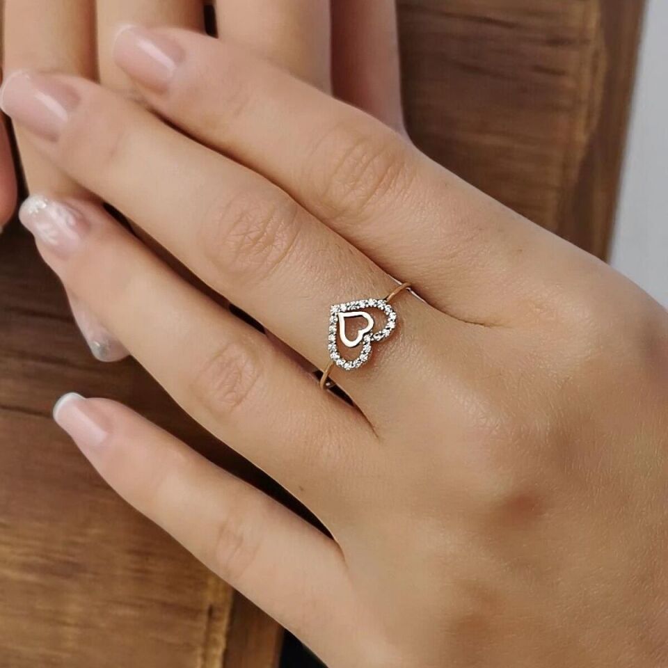 14 AYAR TAŞLI KALP ALTIN YÜZÜK