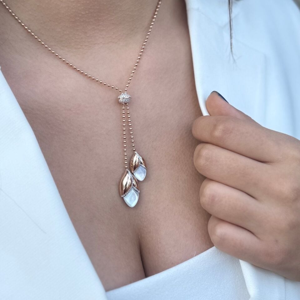 18 AYAR SEDEF VE PIRLANTA TAŞLI ÖZEL TASARIM ROSE ALTIN İTALYAN KOLYE