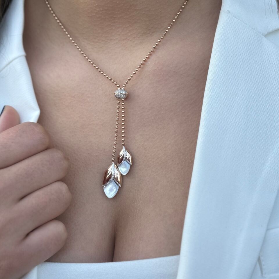 18 AYAR SEDEF VE PIRLANTA TAŞLI ÖZEL TASARIM ROSE ALTIN İTALYAN KOLYE