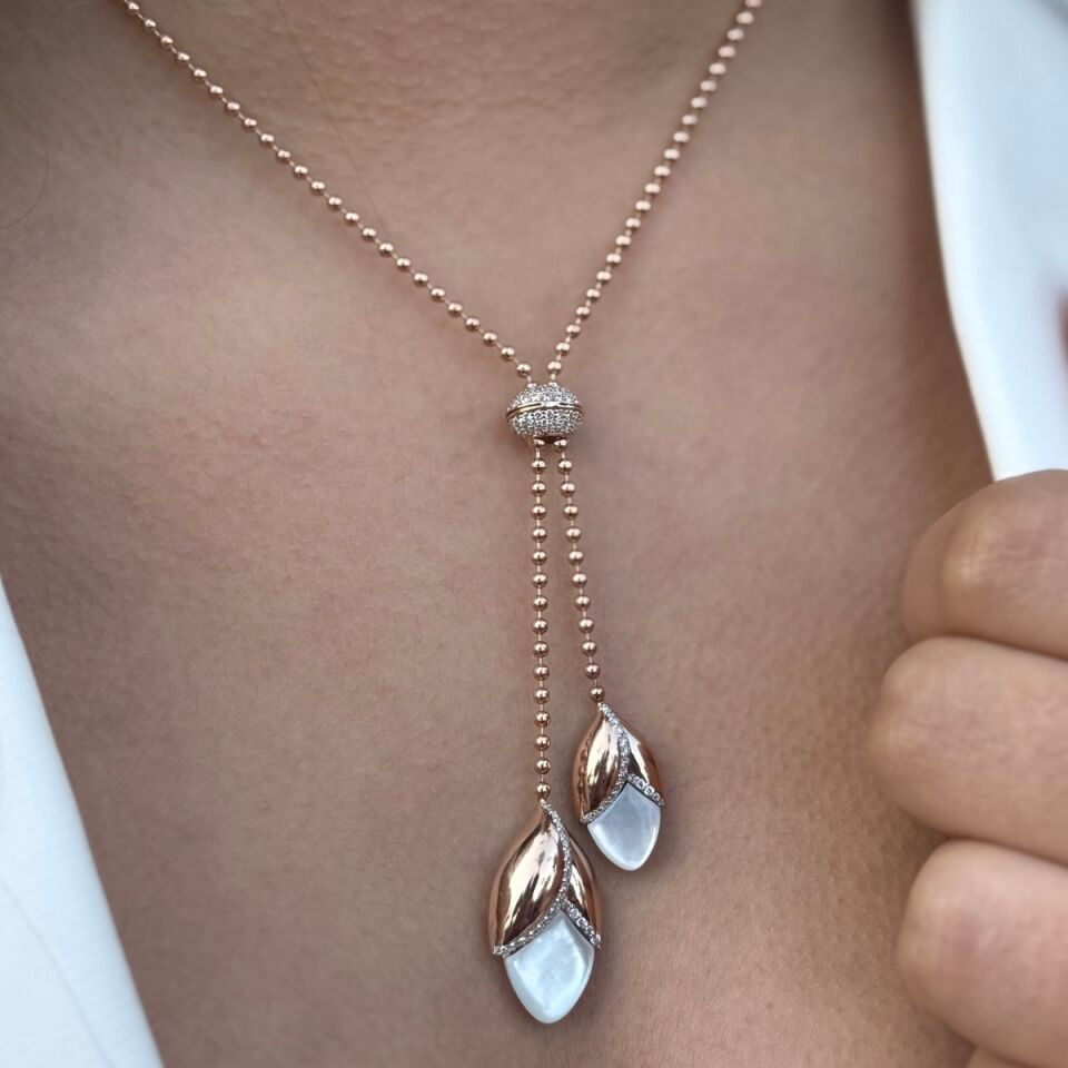 18 AYAR SEDEF VE PIRLANTA TAŞLI ÖZEL TASARIM ROSE ALTIN İTALYAN KOLYE