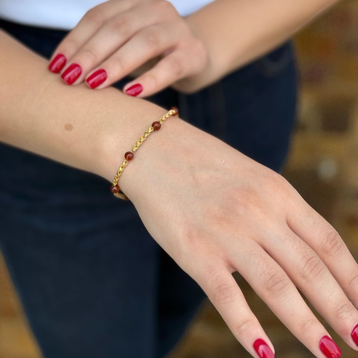 14 AYAR KEHRİBAR TAŞLI 22 AYAR RENGİNDE ALTIN BİLEKLİK