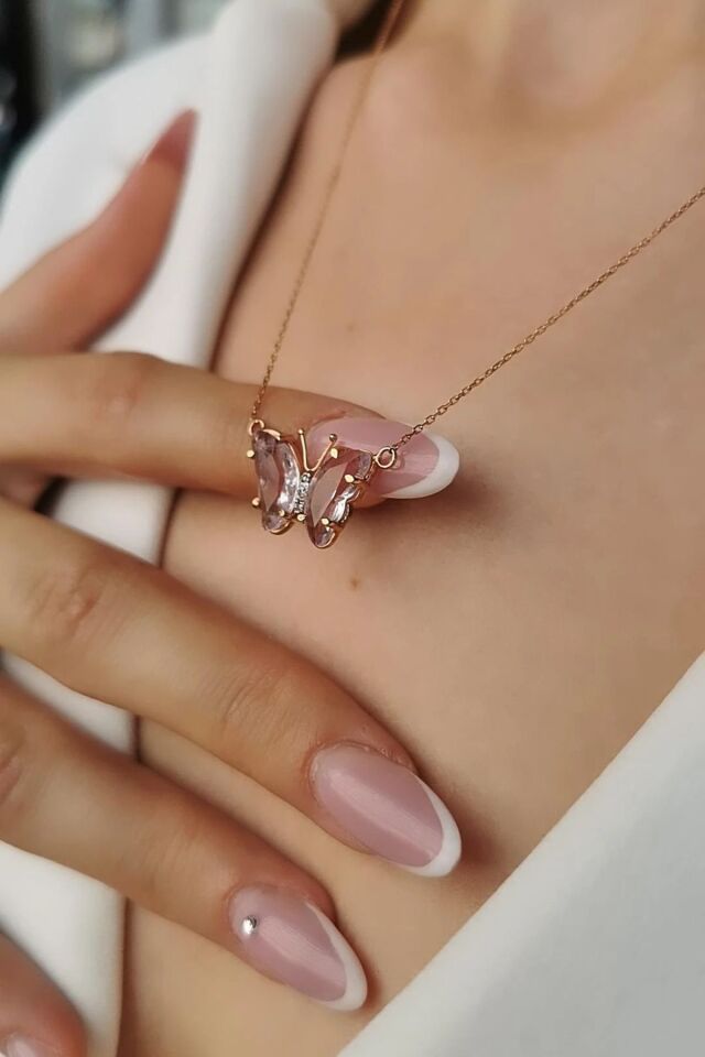 14 AYAR ÖZEL TASARIM AÇIK PEMBE TAŞLI KELEBEK ROSE RENGİ  ALTIN KOLYE