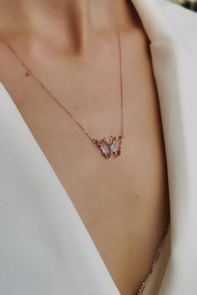 14 AYAR ÖZEL TASARIM AÇIK PEMBE TAŞLI KELEBEK ROSE RENGİ  ALTIN KOLYE