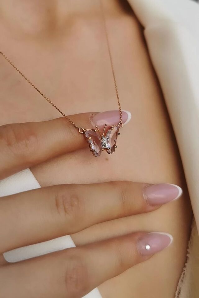 14 AYAR ÖZEL TASARIM AÇIK PEMBE TAŞLI KELEBEK ROSE RENGİ  ALTIN KOLYE