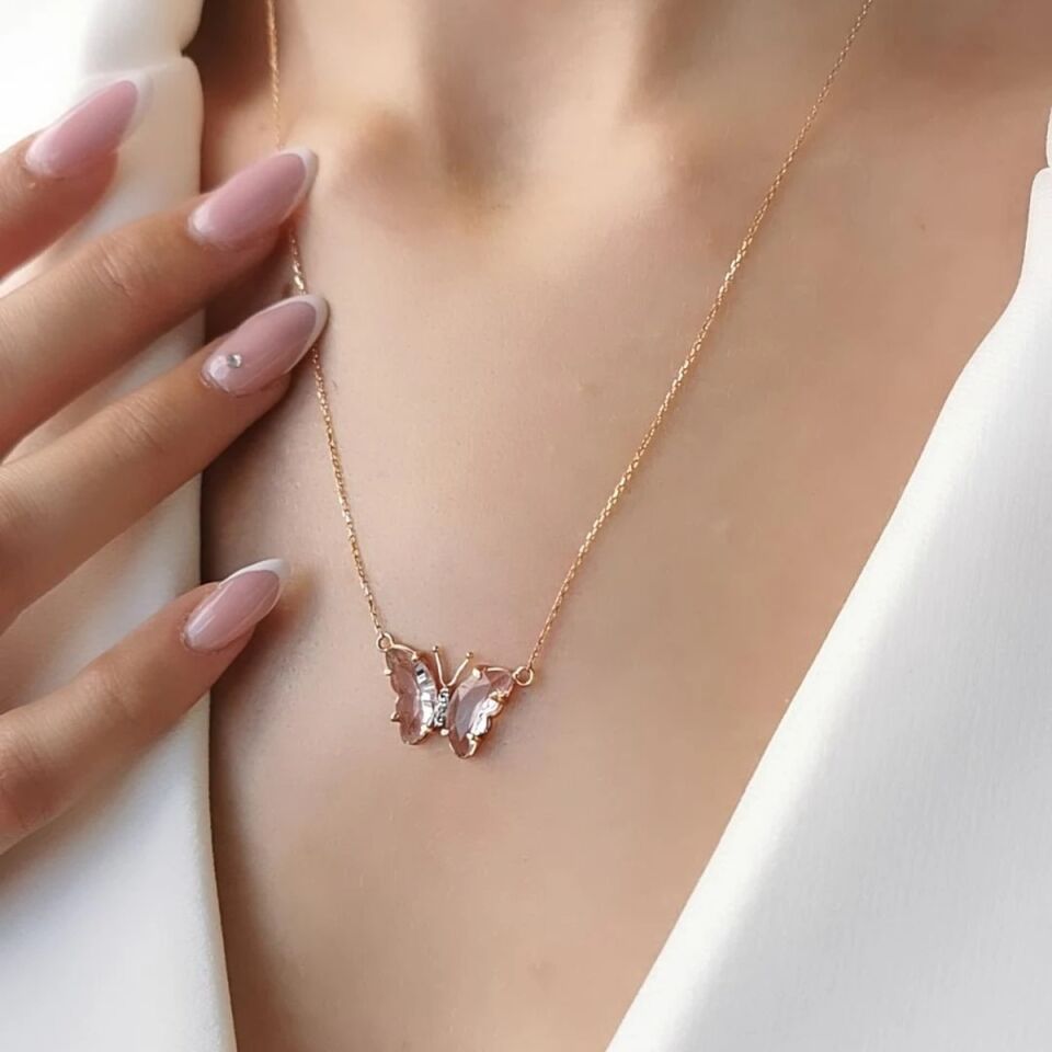 14 AYAR ÖZEL TASARIM AÇIK PEMBE TAŞLI KELEBEK ROSE RENGİ  ALTIN KOLYE