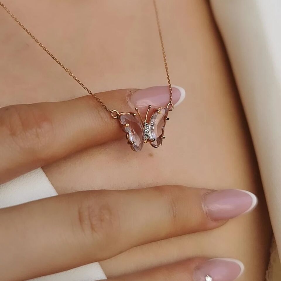 14 AYAR ÖZEL TASARIM AÇIK PEMBE TAŞLI KELEBEK ROSE RENGİ  ALTIN KOLYE