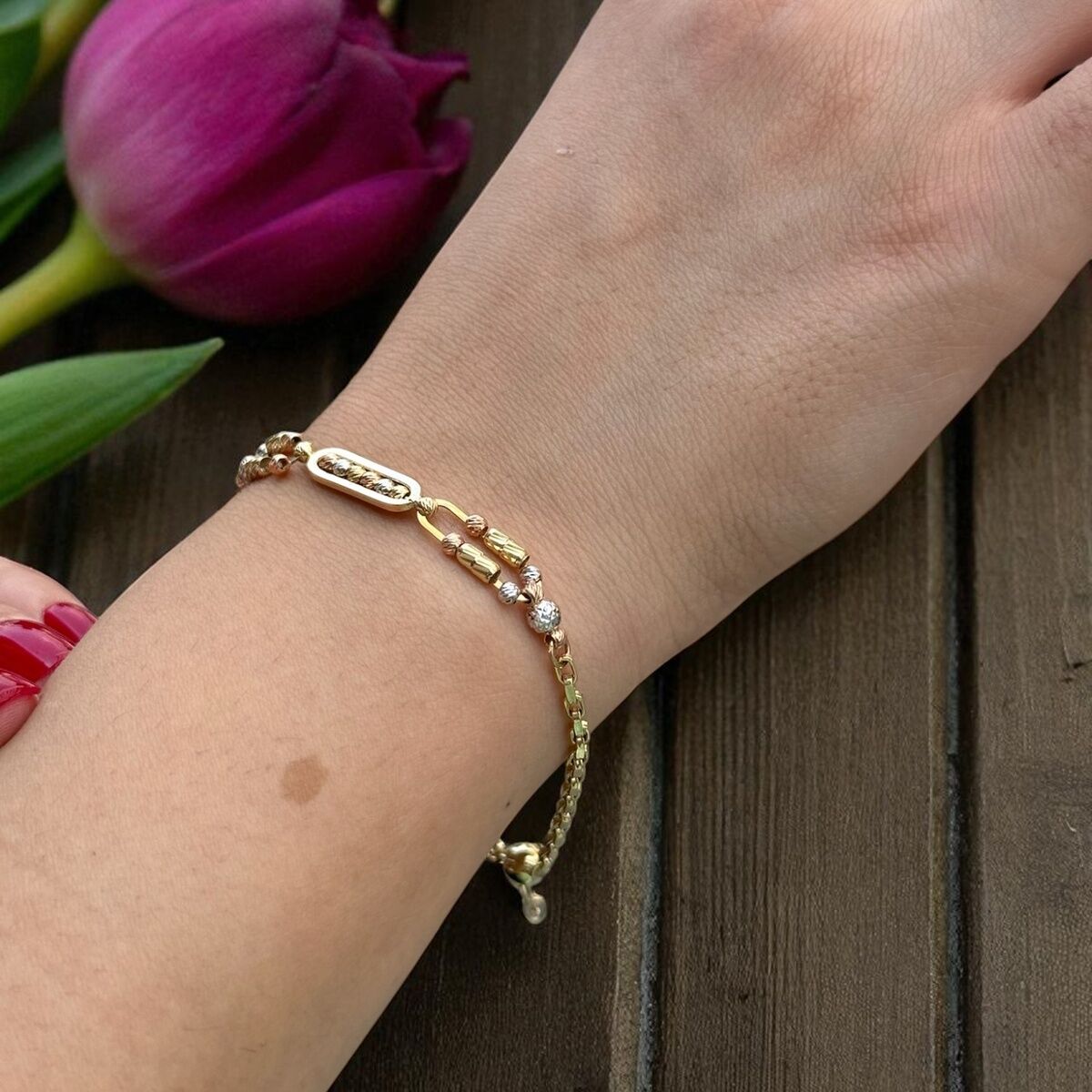 14 AYAR ÜÇ RENK DORİKA TOPLU ALTIN BİLEKLİK