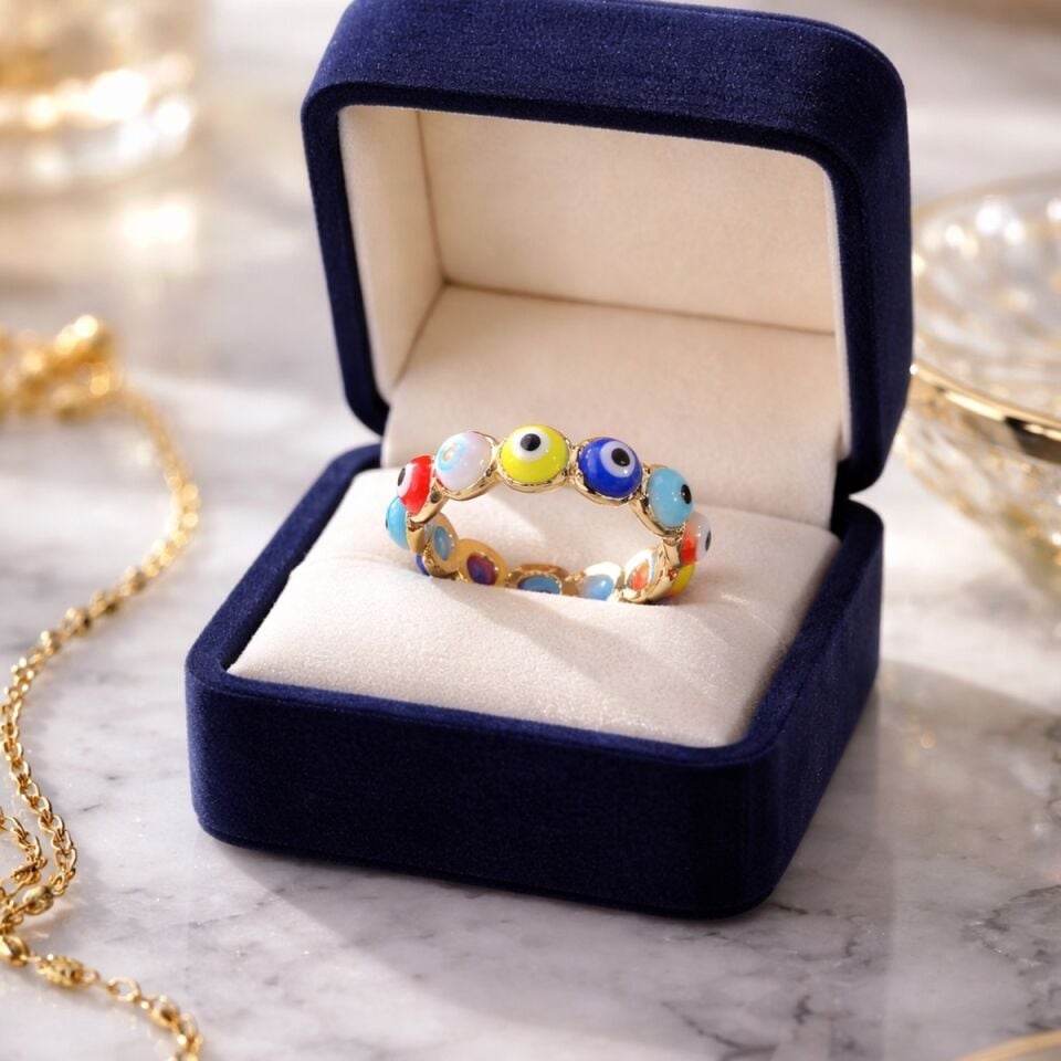 14 AYAR RENKLİ NAZAR BONCUKLU TAŞLI TAMTUR GÖZ YÜZÜK