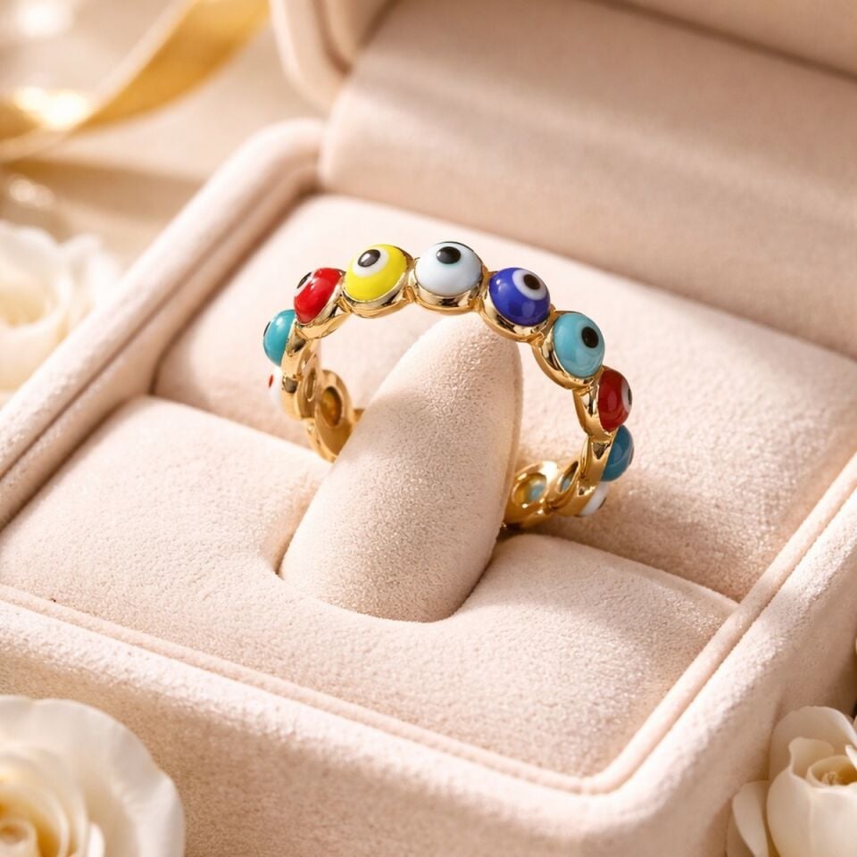 14 AYAR RENKLİ NAZAR BONCUKLU TAŞLI TAMTUR GÖZ YÜZÜK