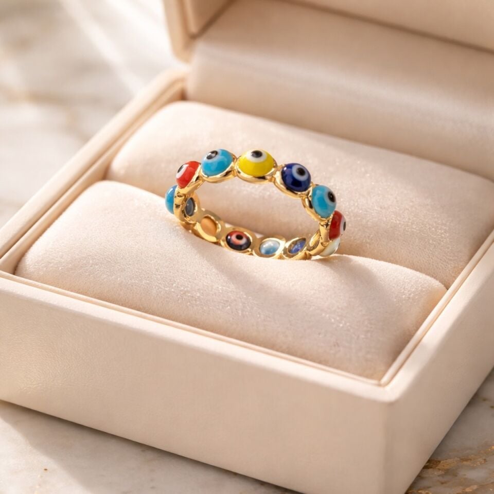 14 AYAR RENKLİ NAZAR BONCUKLU TAŞLI TAMTUR GÖZ YÜZÜK