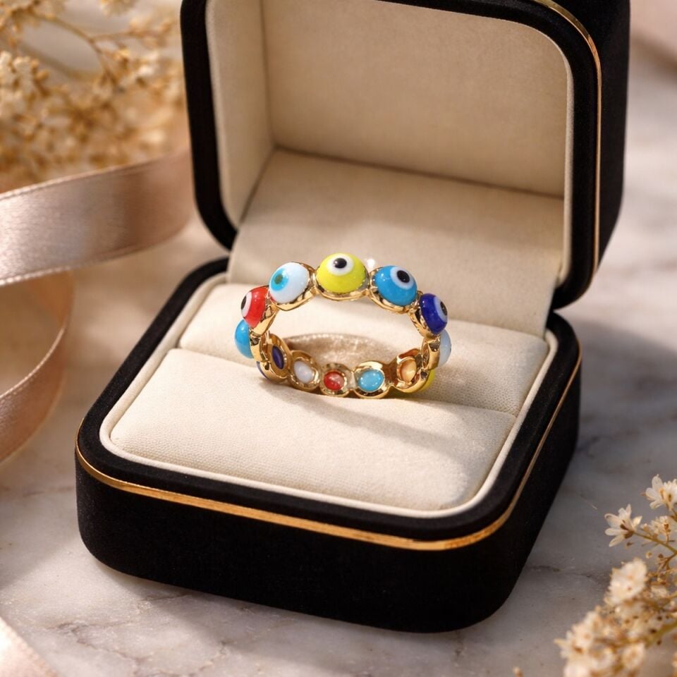 14 AYAR RENKLİ NAZAR BONCUKLU TAŞLI TAMTUR GÖZ YÜZÜK