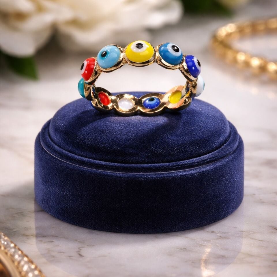 14 AYAR RENKLİ NAZAR BONCUKLU TAŞLI TAMTUR GÖZ YÜZÜK