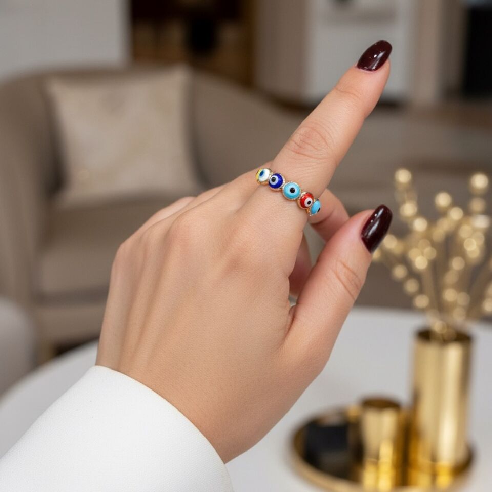 14 AYAR RENKLİ NAZAR BONCUKLU TAŞLI TAMTUR GÖZ YÜZÜK