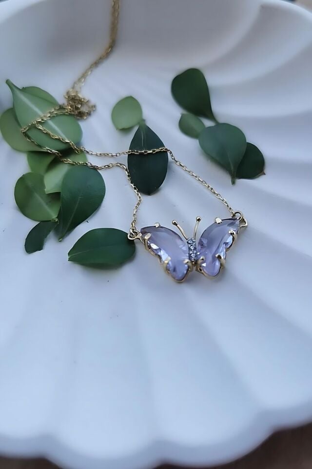 14 AYAR ÖZEL TASARIM AÇIK MOR TAŞLI KELEBEK ALTIN KOLYE