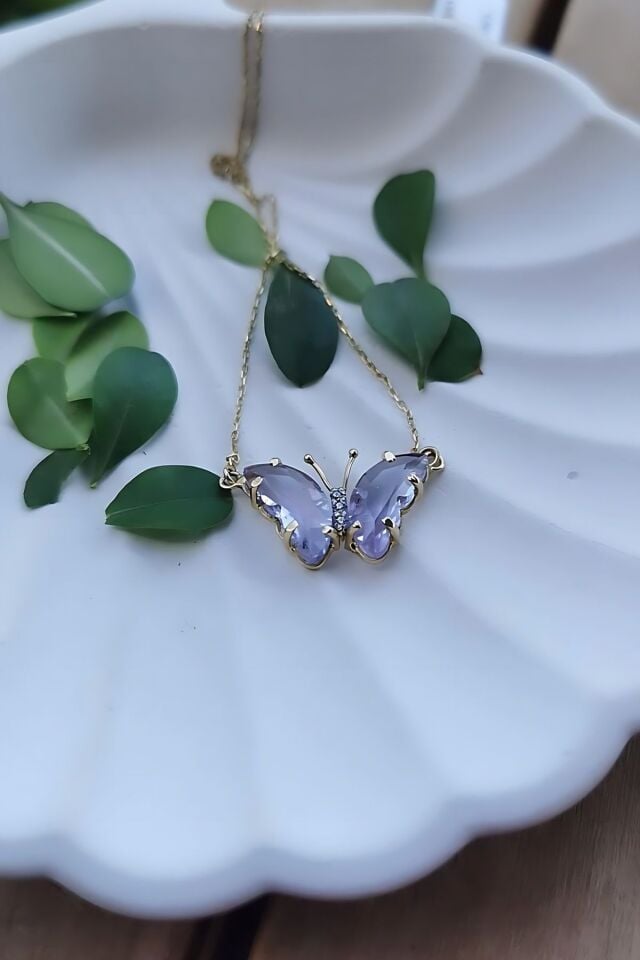 14 AYAR ÖZEL TASARIM AÇIK MOR TAŞLI KELEBEK ALTIN KOLYE