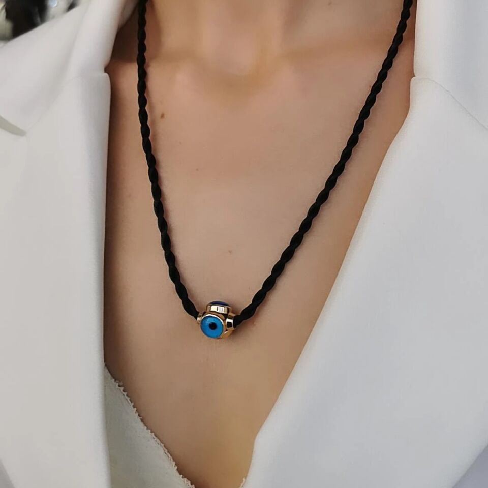 14 AYAR ÖZEL TASARIM NAZAR BONCUKLU İTHAL SİYAH İPLİ ALTIN KOLYE