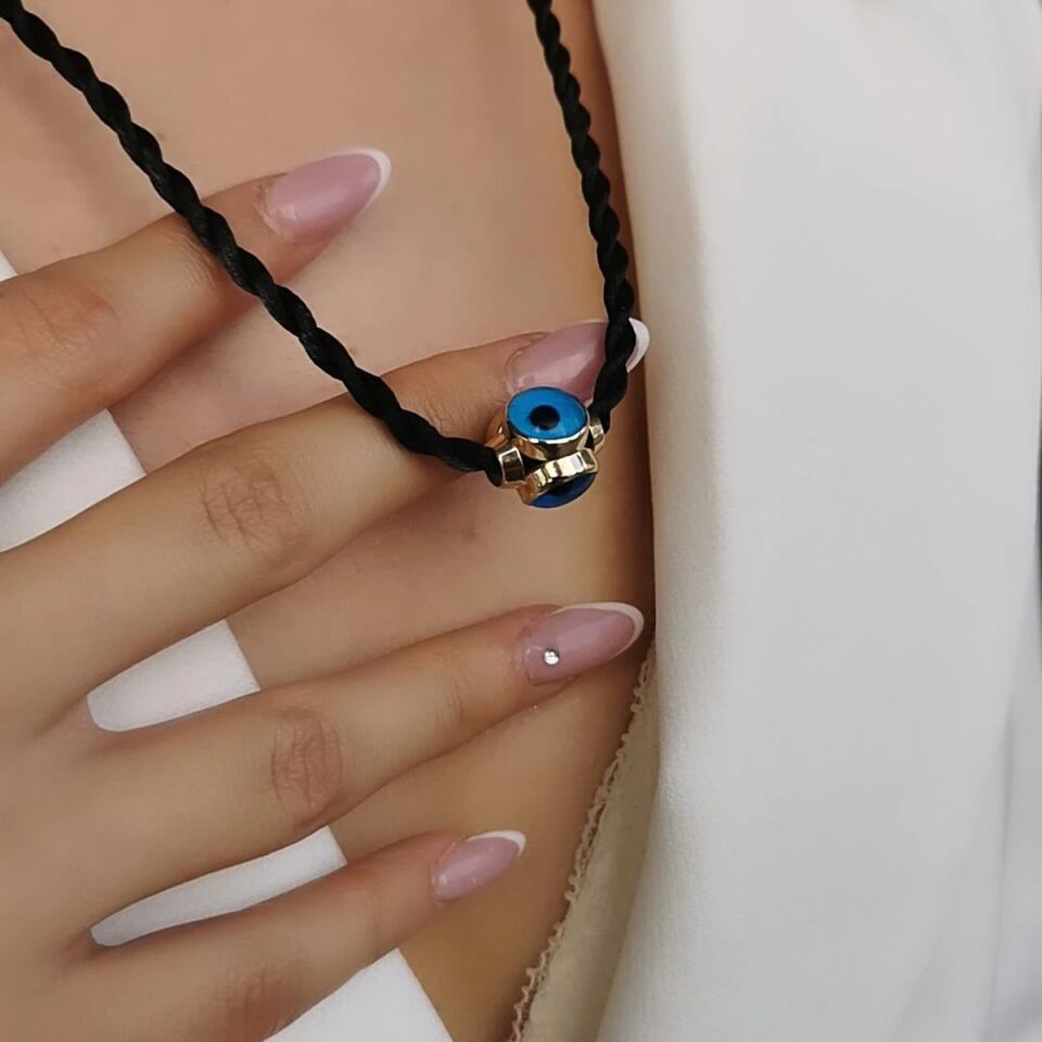 14 AYAR ÖZEL TASARIM NAZAR BONCUKLU İTHAL SİYAH KAUÇUK İPLİ ALTIN KOLYE