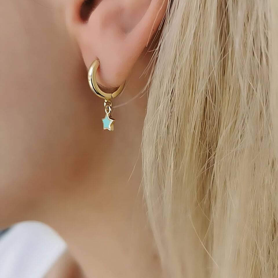 14 AYAR TURKUAZ MİNELİ YILDIZ KÜPE