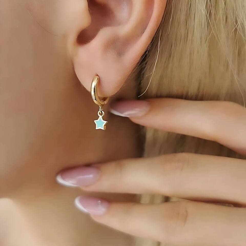 14 AYAR TURKUAZ MİNELİ YILDIZ KÜPE