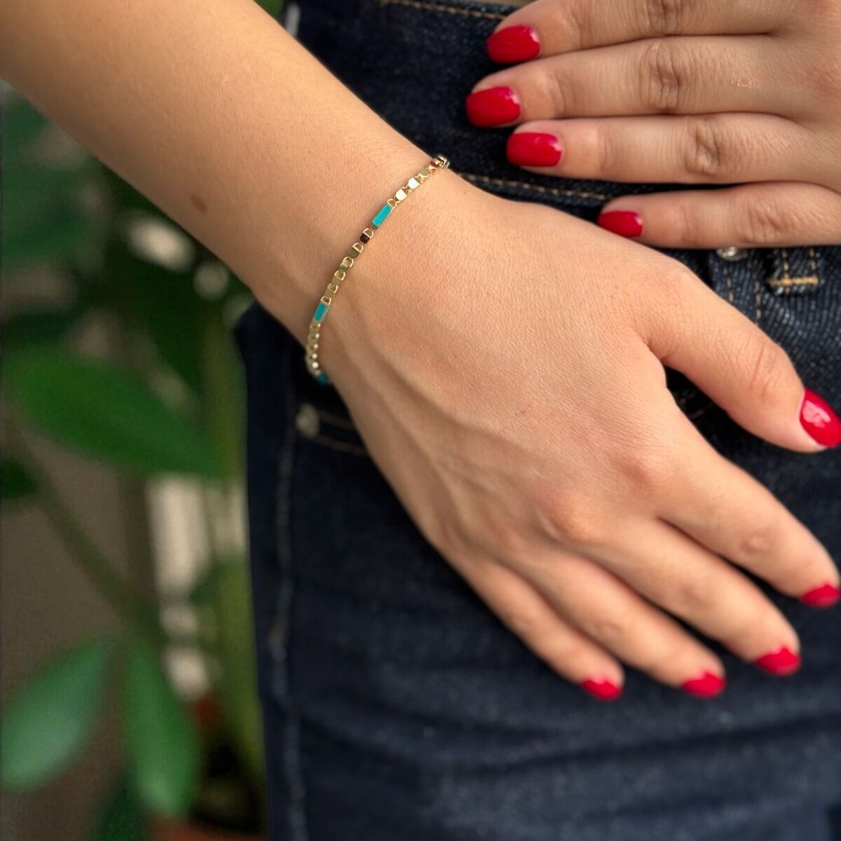 14 AYAR TURKUAZ MİNELİ DİKDÖRTGEN MODEL MODERN BİLEKLİK