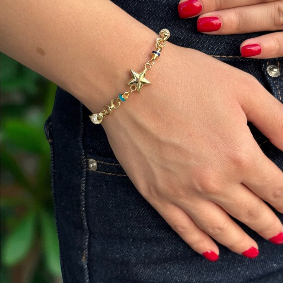 14 AYAR TURKUAZ VE LACİVERT MİNELİ ORTASI BOMBE YILDIZLI MODERN BİLEKLİK