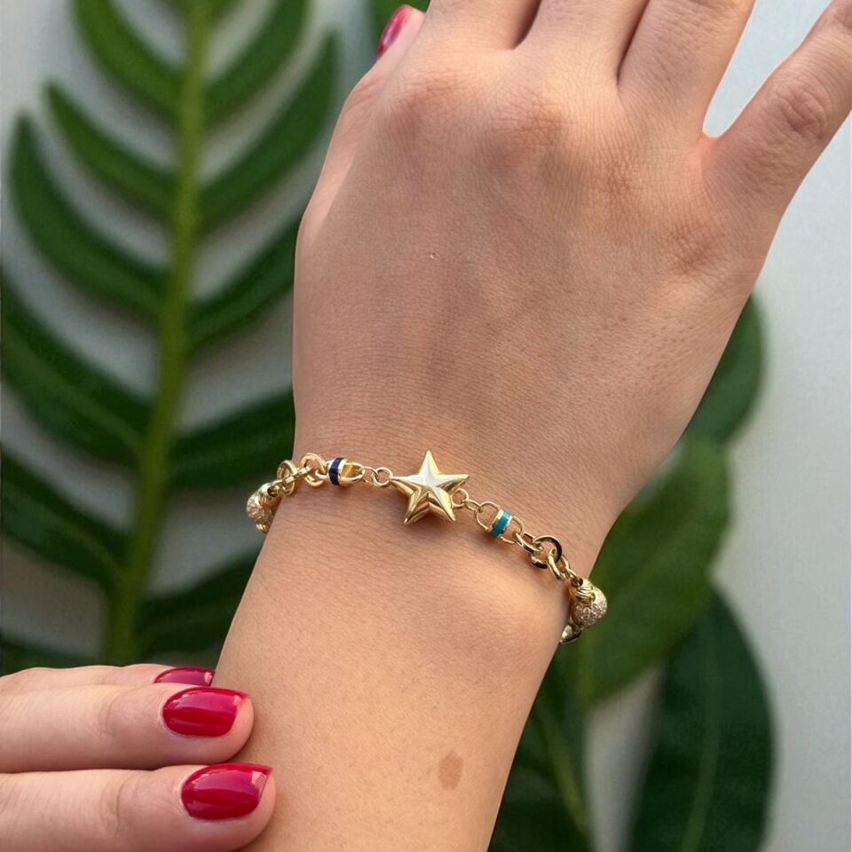 14 AYAR TURKUAZ VE LACİVERT MİNELİ ORTASI BOMBE YILDIZLI MODERN BİLEKLİK