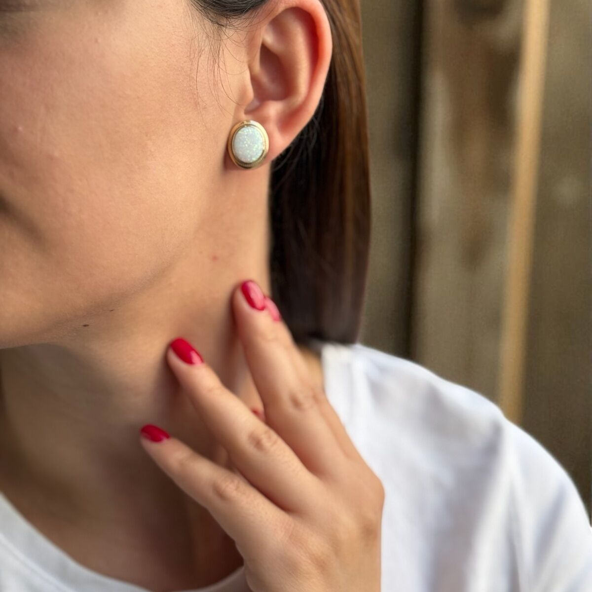 14 AYAR ORJİNAL BEYAZ OPAL TAŞLI OVAL ALTIN KÜPE