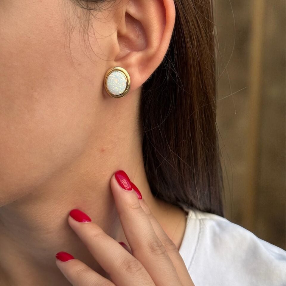 14 AYAR ORJİNAL BEYAZ OPAL TAŞLI OVAL ALTIN KÜPE