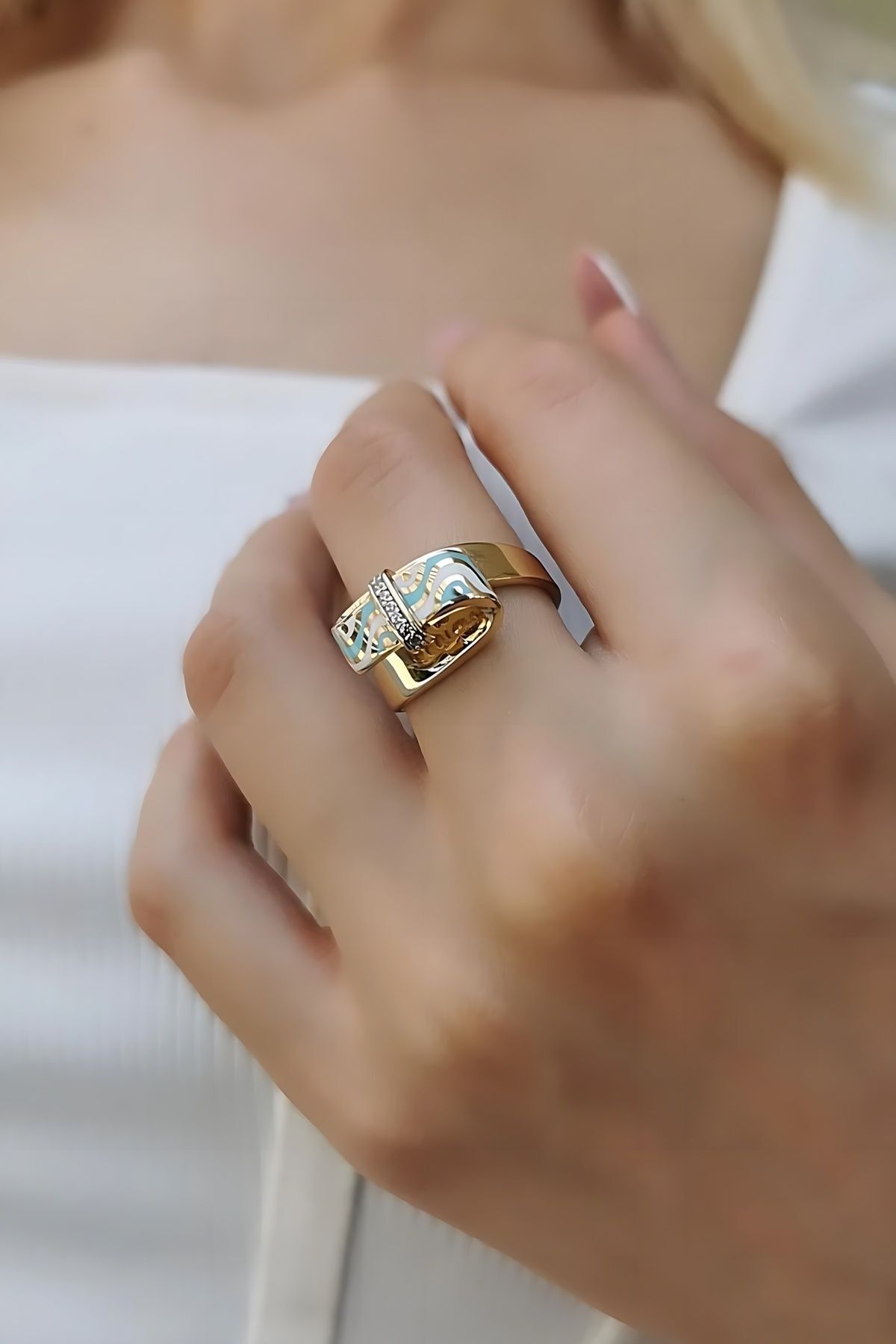 14 AYAR TURKUAZ VE BEYAZ MİNELİ ÖZEL TASARIM İTALYAN ALTIN YÜZÜK