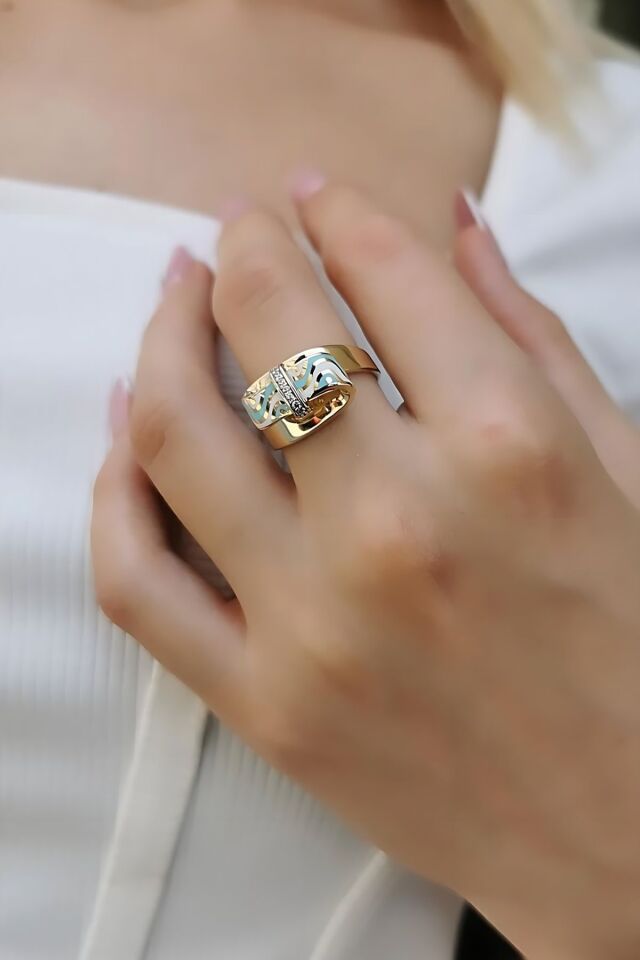 14 AYAR TURKUAZ VE BEYAZ MİNELİ ÖZEL TASARIM İTALYAN ALTIN YÜZÜK