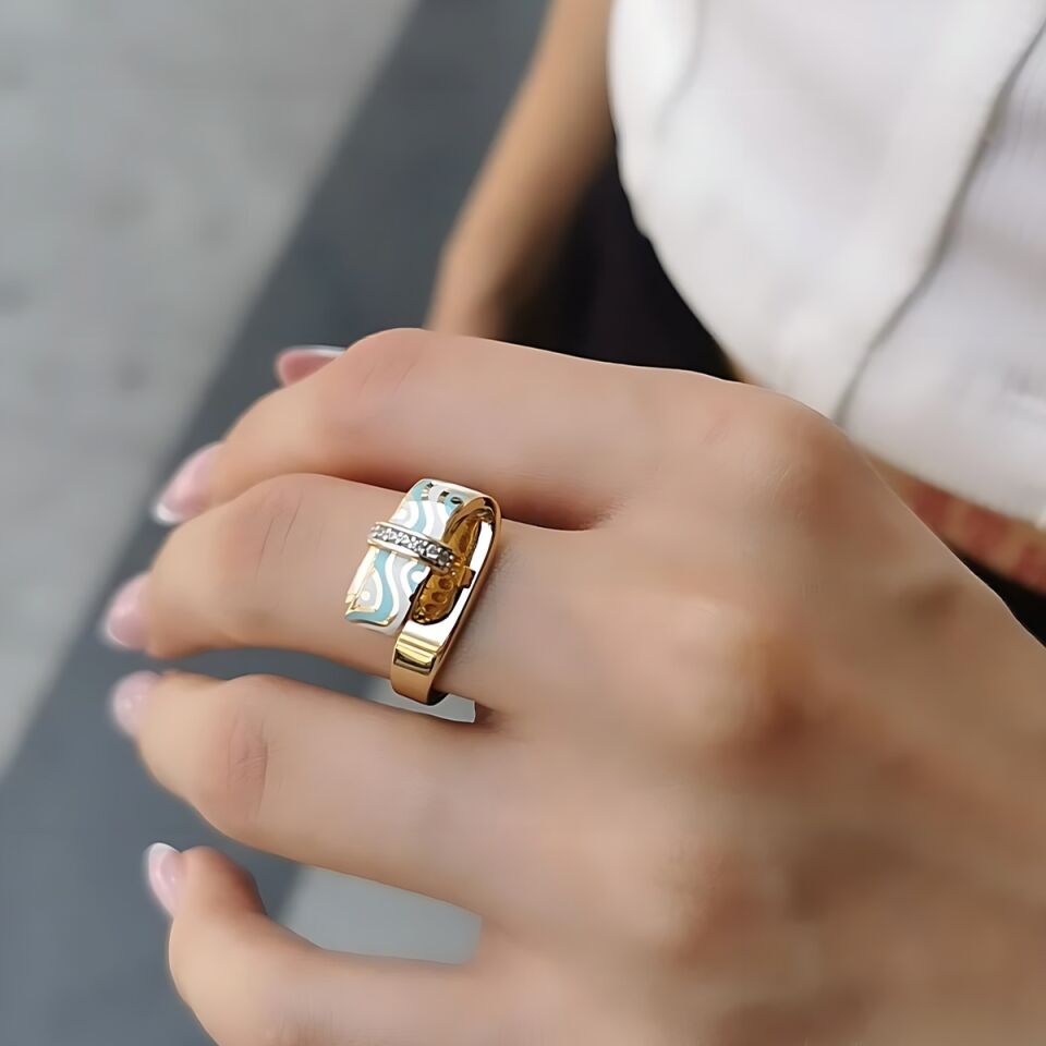 14 AYAR TURKUAZ VE BEYAZ MİNELİ ÖZEL TASARIM İTALYAN ALTIN YÜZÜK