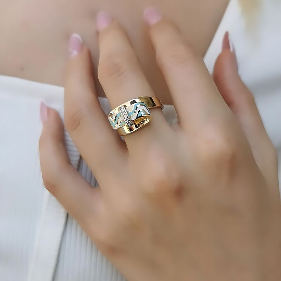 14 AYAR TURKUAZ VE BEYAZ MİNELİ ÖZEL TASARIM İTALYAN ALTIN YÜZÜK