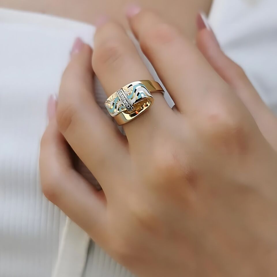 14 AYAR TURKUAZ VE BEYAZ MİNELİ ÖZEL TASARIM İTALYAN ALTIN YÜZÜK